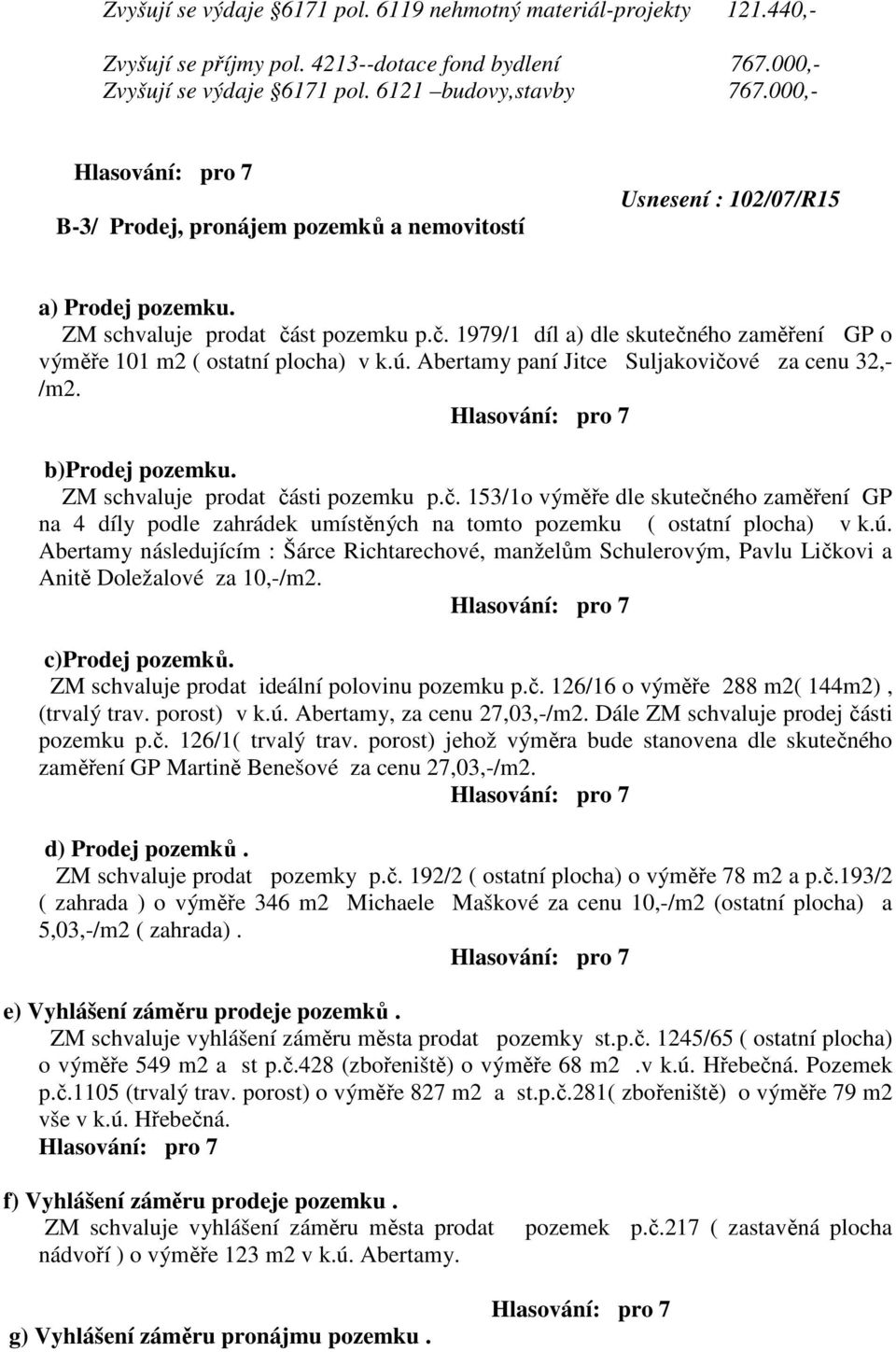 ú. Abertamy paní Jitce Suljakovičové za cenu 32,- /m2. b)prodej pozemku. ZM schvaluje prodat části pozemku p.č. 153/1o výměře dle skutečného zaměření GP na 4 díly podle zahrádek umístěných na tomto pozemku ( ostatní plocha) v k.