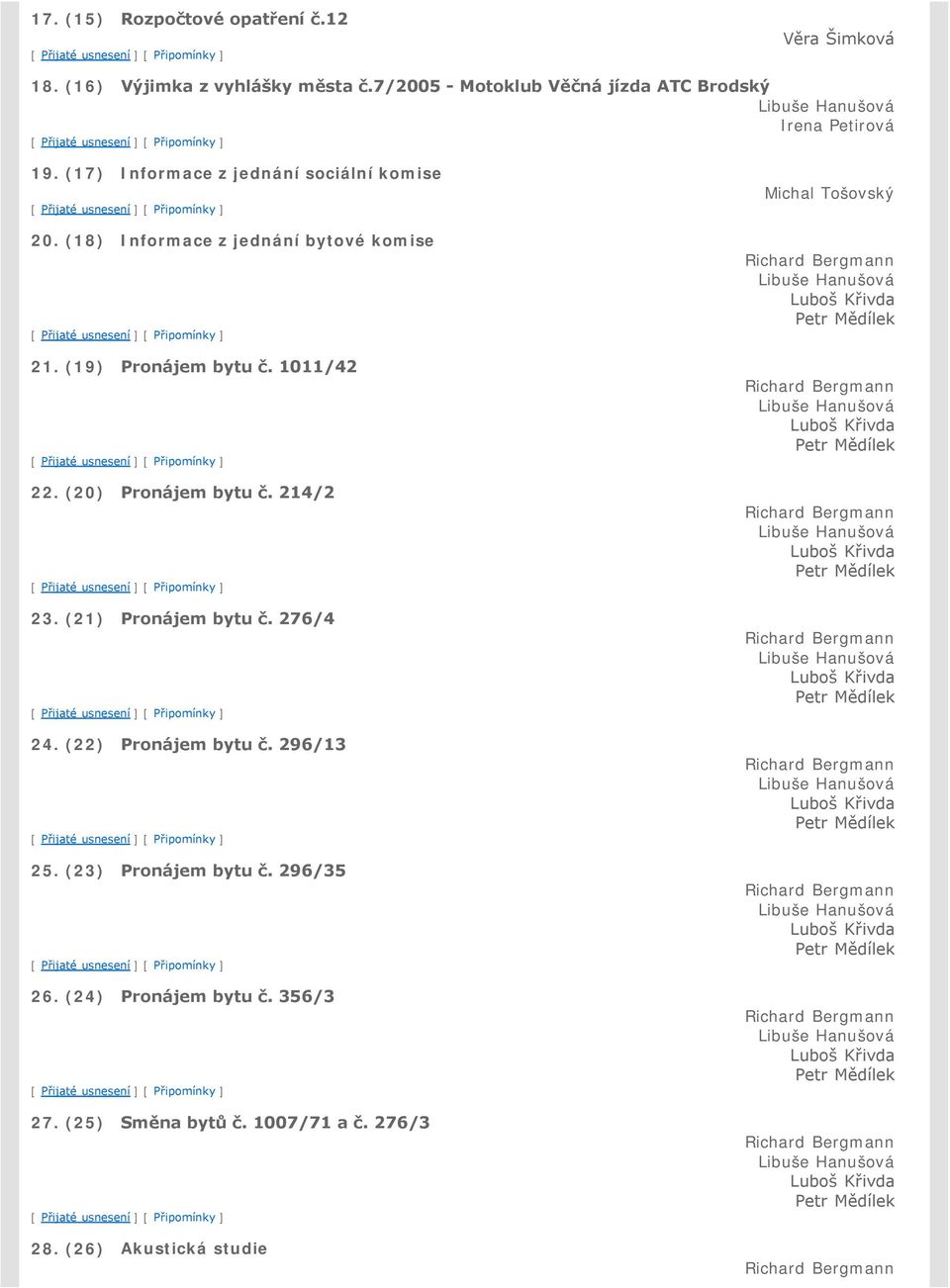 (22) Pronájem bytu č. 296/13 25. (23) Pronájem bytu č. 296/35 26. (24) Pronájem bytu č. 356/3 27. (25) Směna bytů č. 1007/71 a č.