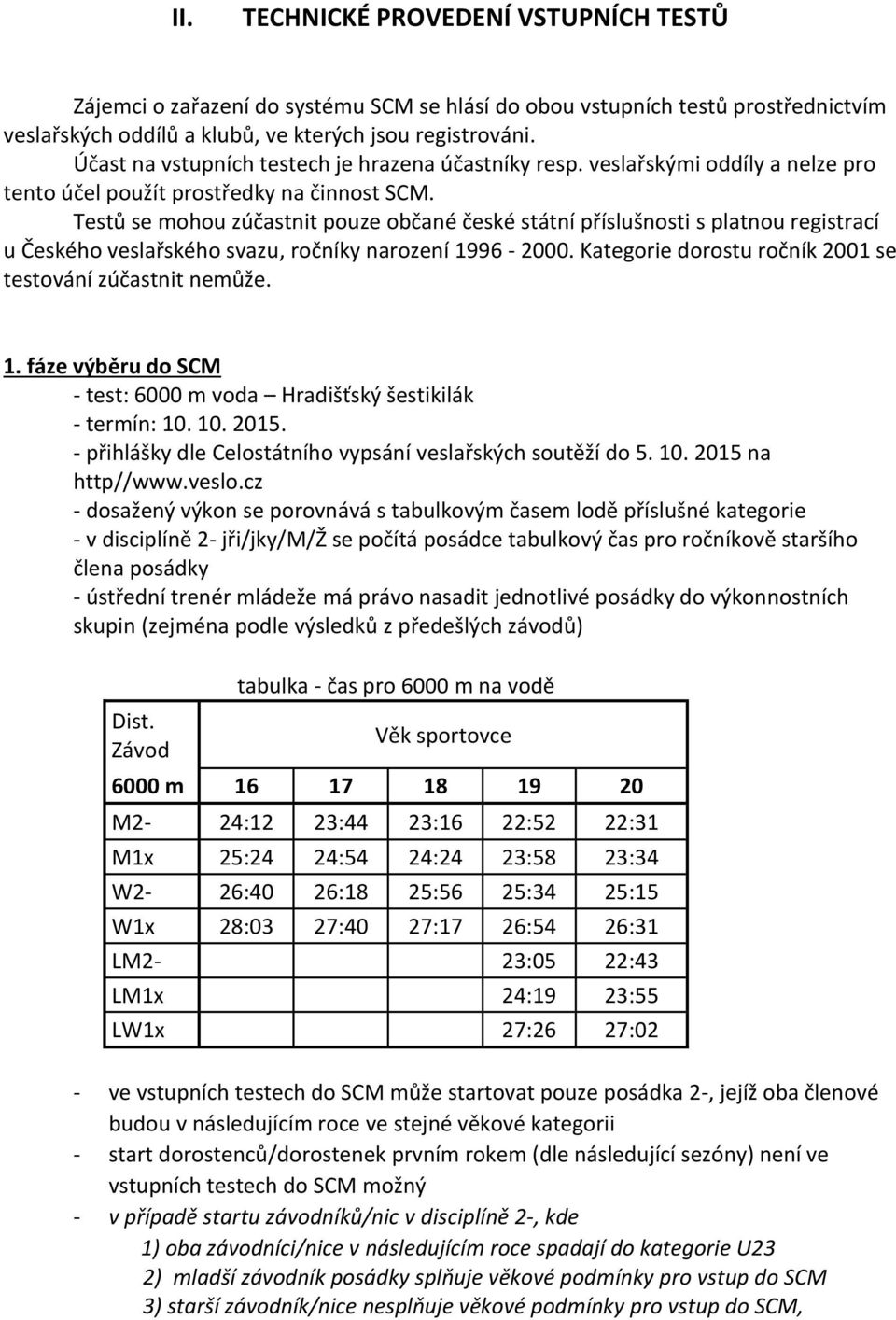 Testů se mohou zúčastnit pouze občané české státní příslušnosti s platnou registrací u Českého veslařského svazu, ročníky narození 1996-2000.