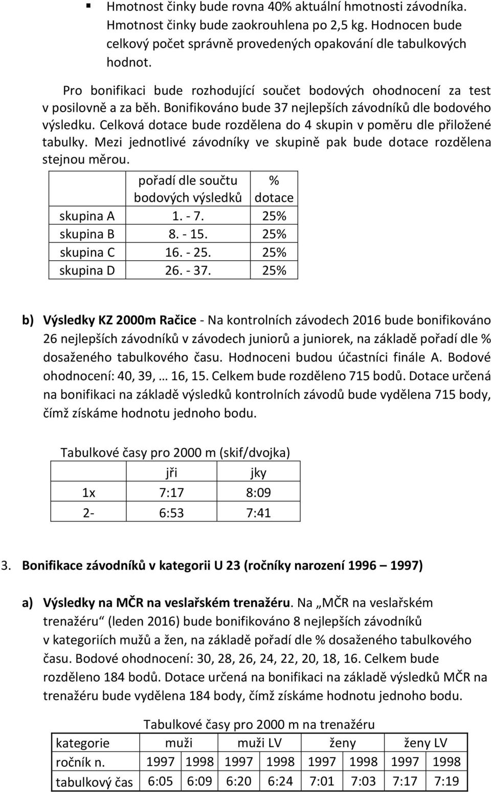 Celková dotace bude rozdělena do 4 skupin v poměru dle přiložené tabulky. Mezi jednotlivé závodníky ve skupině pak bude dotace rozdělena stejnou měrou.