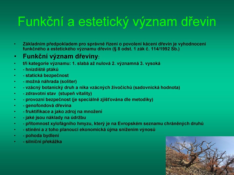 vysoká - hnízdiště ptáků - statická bezpečnost - možná náhrada (soliter) - vzácný botanický druh a nika vzácných živočichů (sadovnická hodnota) - zdravotní stav (stupeň vitality) - provozní