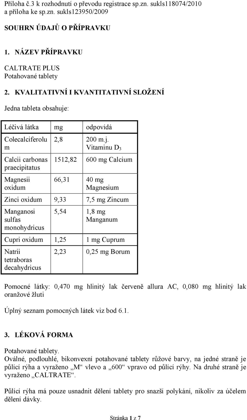 : Léčivá látka mg odpovídá Colecalciferolu m Calcii carbonas praecipitatus Magnesii oxidum 2,8 200 m.j.