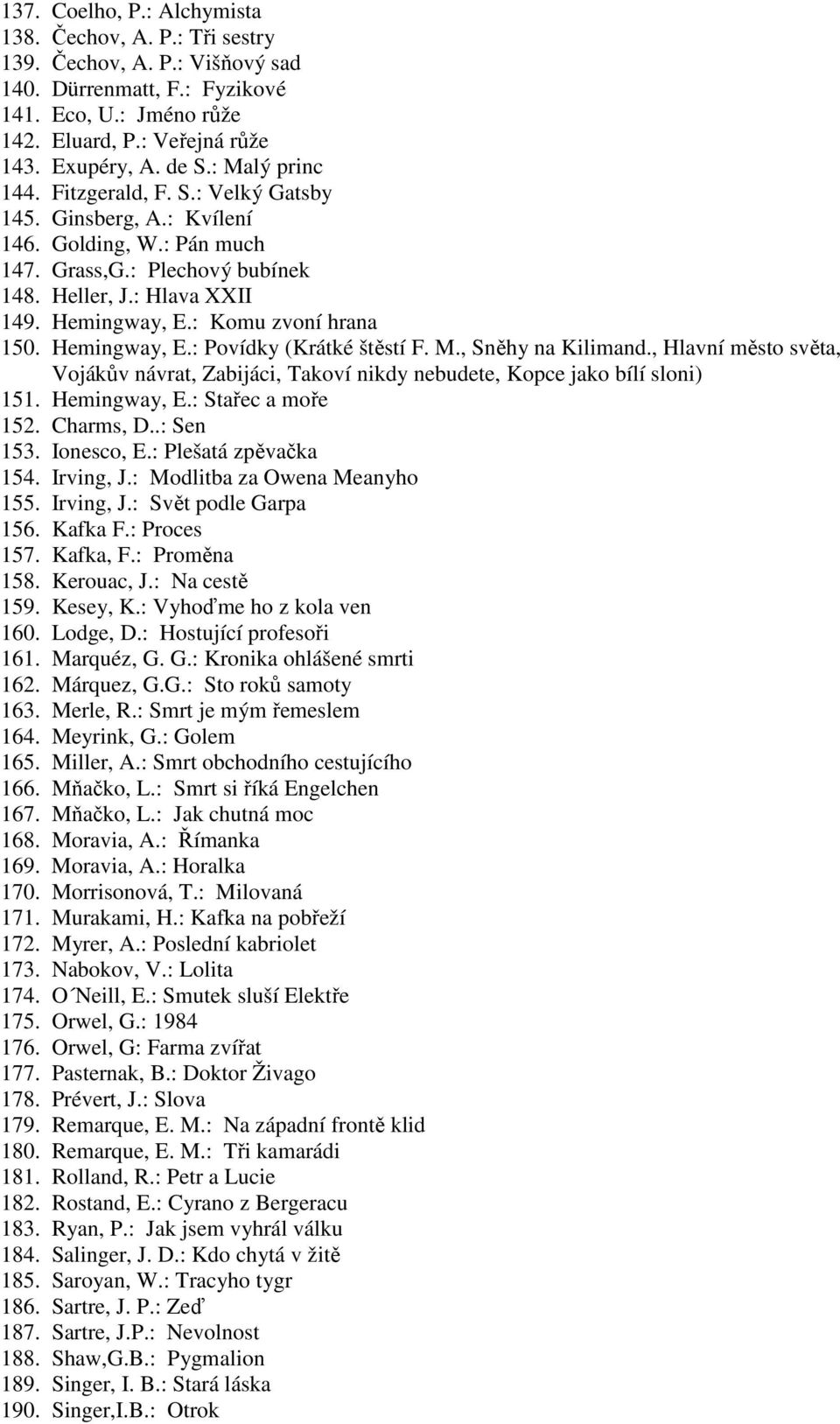 : Komu zvoní hrana 150. Hemingway, E.: Povídky (Krátké štěstí F. M., Sněhy na Kilimand., Hlavní město světa, Vojákův návrat, Zabijáci, Takoví nikdy nebudete, Kopce jako bílí sloni) 151. Hemingway, E.: Stařec a moře 152.