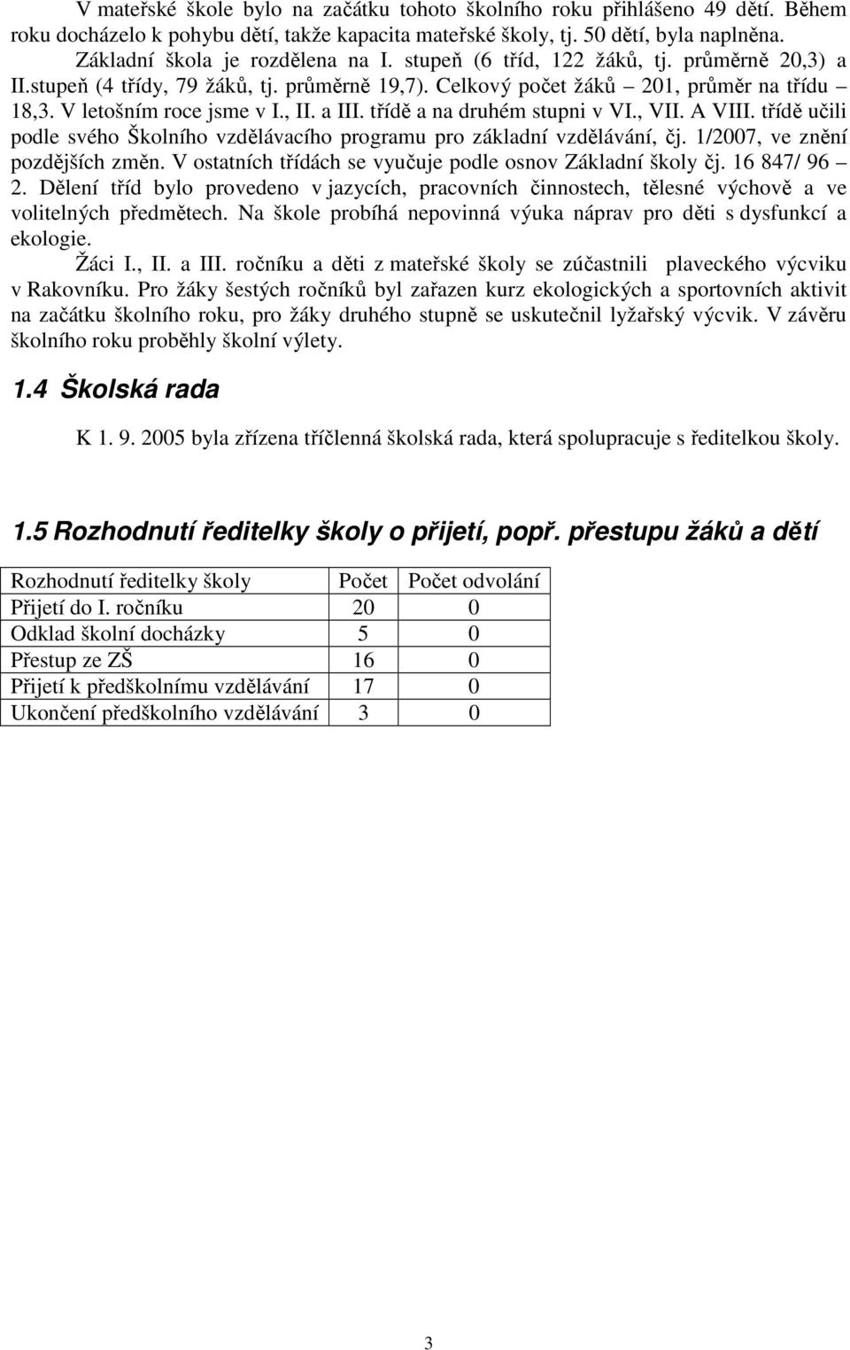 V letošním roce jsme v I., II. a III. třídě a na druhém stupni v VI., VII. A VIII. třídě učili podle svého Školního vzdělávacího programu pro základní vzdělávání, čj. 1/2007, ve znění pozdějších změn.