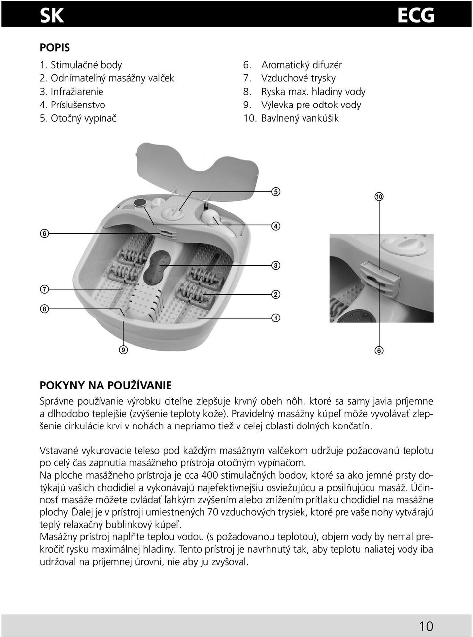 Bavlnený vankúšik 5 q; 6 4 3 7 8 2 1 9 6 POKYNY NA POUŽÍVANIE Správne používanie výrobku citeľne zlepšuje krvný obeh nôh, ktoré sa samy javia príjemne a dlhodobo teplejšie (zvýšenie teploty kože).