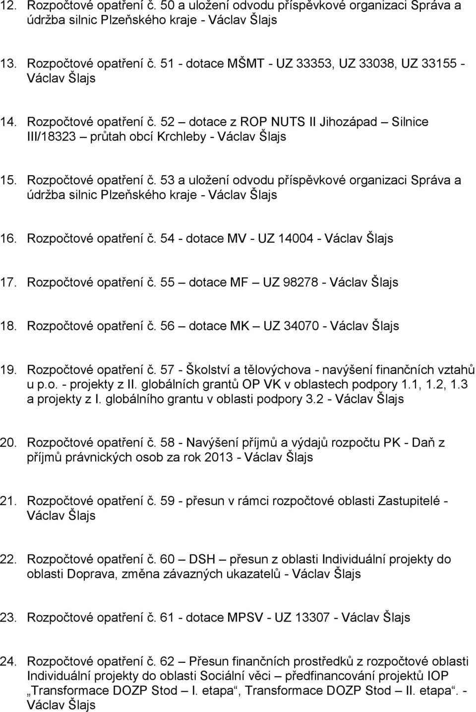 53 a uložení odvodu příspěvkové organizaci Správa a údržba silnic Plzeňského kraje - 16. Rozpočtové opatření č. 54 - dotace MV - UZ 14004-17. Rozpočtové opatření č. 55 dotace MF UZ 98278-18.