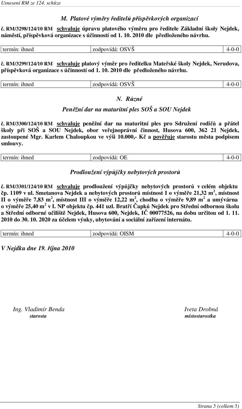 10. 2010 dle předloženého návrhu. termín: ihned zodpovídá: OSVŠ 4-0-0 N. Různé Peněžní dar na maturitní ples SOŠ a SOU Nejdek č.