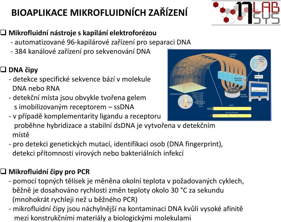 hybridizace a stabilní dsdna je vytvořena v detekčním místě - pro detekci genetických mutací, identifikaci osob (DNA fingerprint), detekci přítomnosti virových nebo bakteriálních infekcí Mikrofluidní