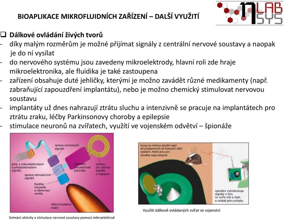 zabraňující zapouzdření implantátu), nebo je možno chemický stimulovat nervovou soustavu - implantáty už dnes nahrazují ztrátu sluchu a intenzivně se pracuje na implantátech pro ztrátu zraku, léčby