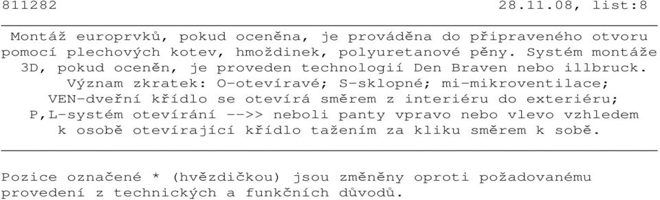 Význam zkratek: O-otevíravé; S-sklopné; mi-mikroventilace; VEN-dveřní křídlo se otevírá směrem z interiéru do exteriéru; P,L-systém otevírání