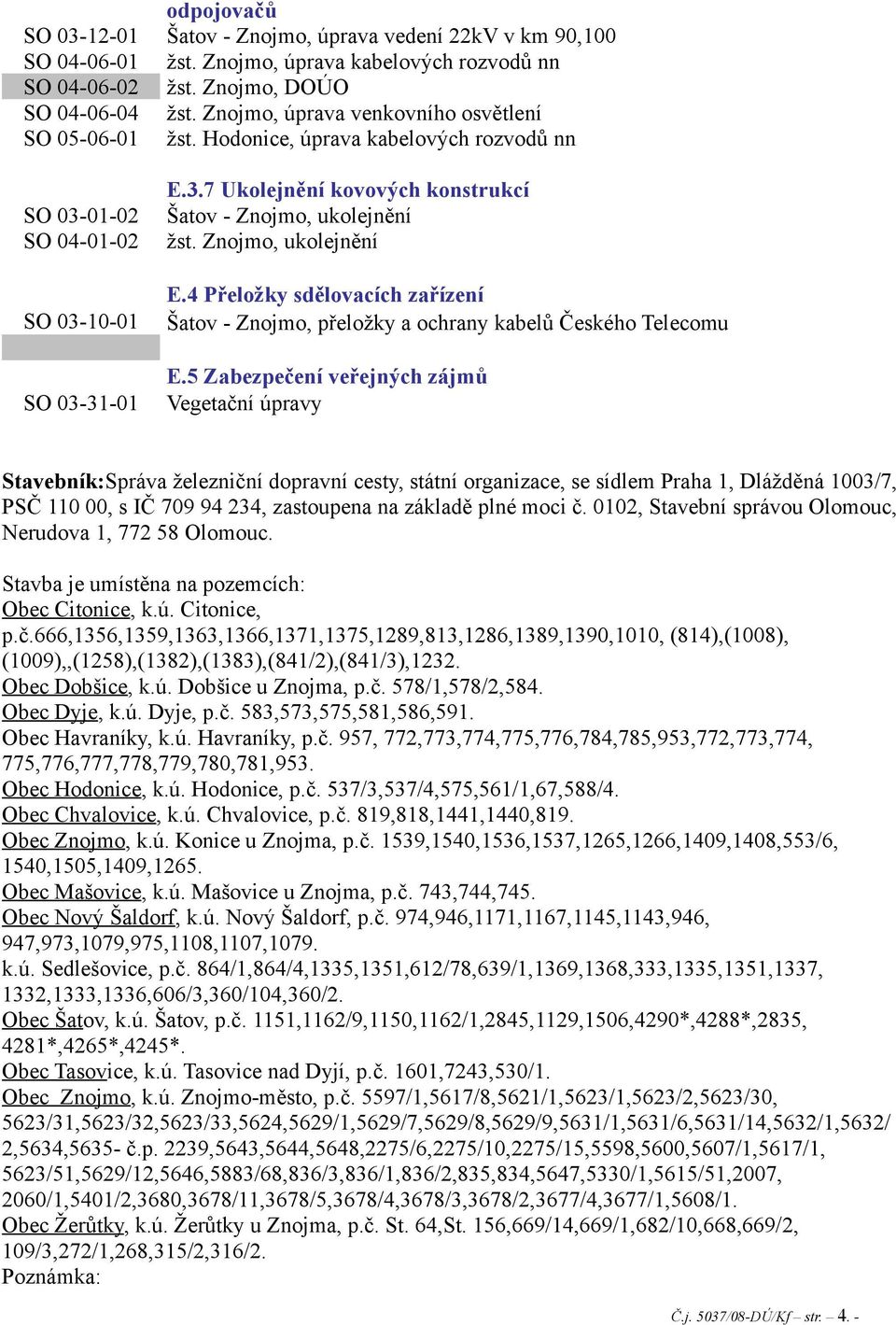 Znojmo, ukolejnění E.4 Přeložky sdělovacích zařízení Šatov - Znojmo, přeložky a ochrany kabelů Českého Telecomu E.