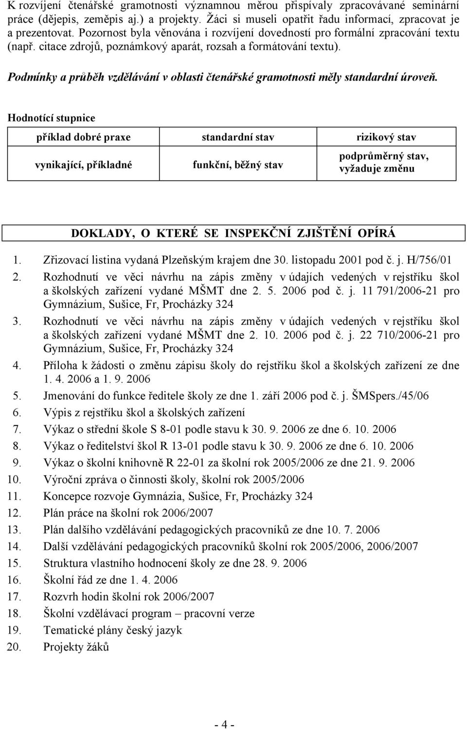 Podmínky a průběh vzdělávání v oblasti čtenářské gramotnosti měly standardní úroveň.