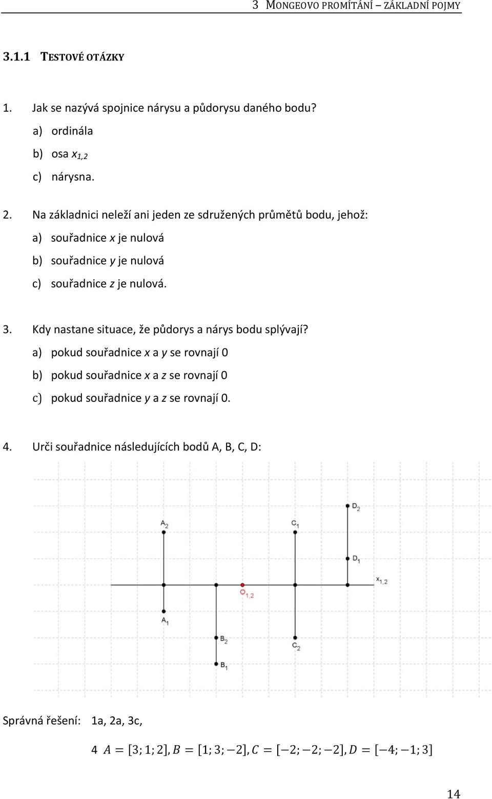 Na základnici neleží ani jeden ze sdružených průmětů bodu, jehož: a) souřadnice x je nulová b) souřadnice y je nulová c) souřadnice z je nulová. 3.