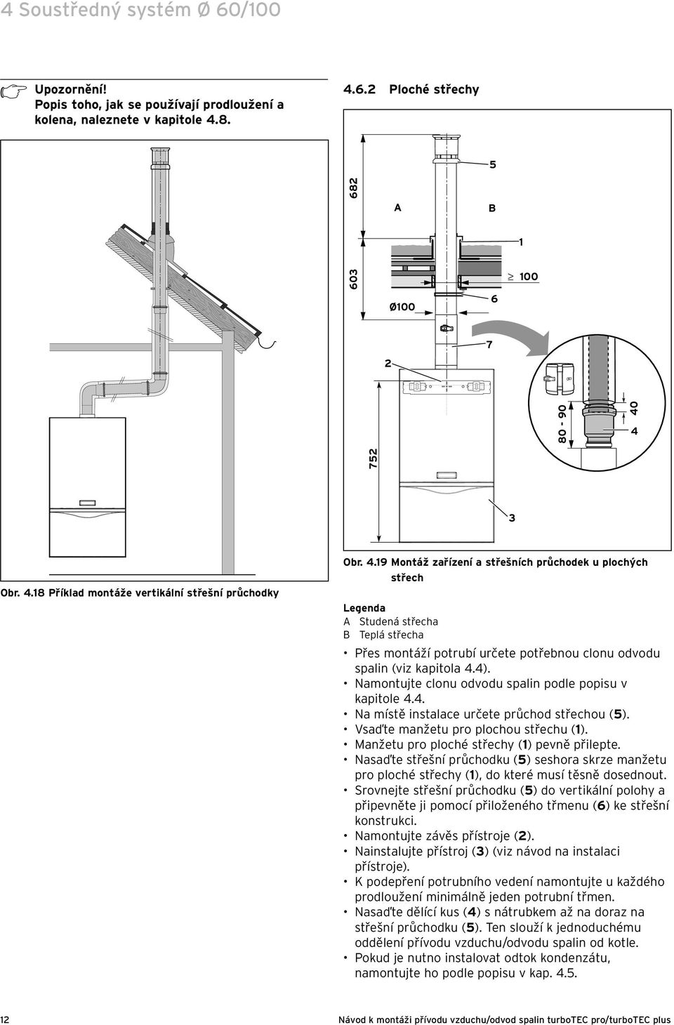 Namontujte clonu odvodu spalin podle popisu v kapitole 4.4. Na místě instalace určete průchod střechou (5). Vsaďte manžetu pro plochou střechu (1). Manžetu pro ploché střechy (1) pevně přilepte.