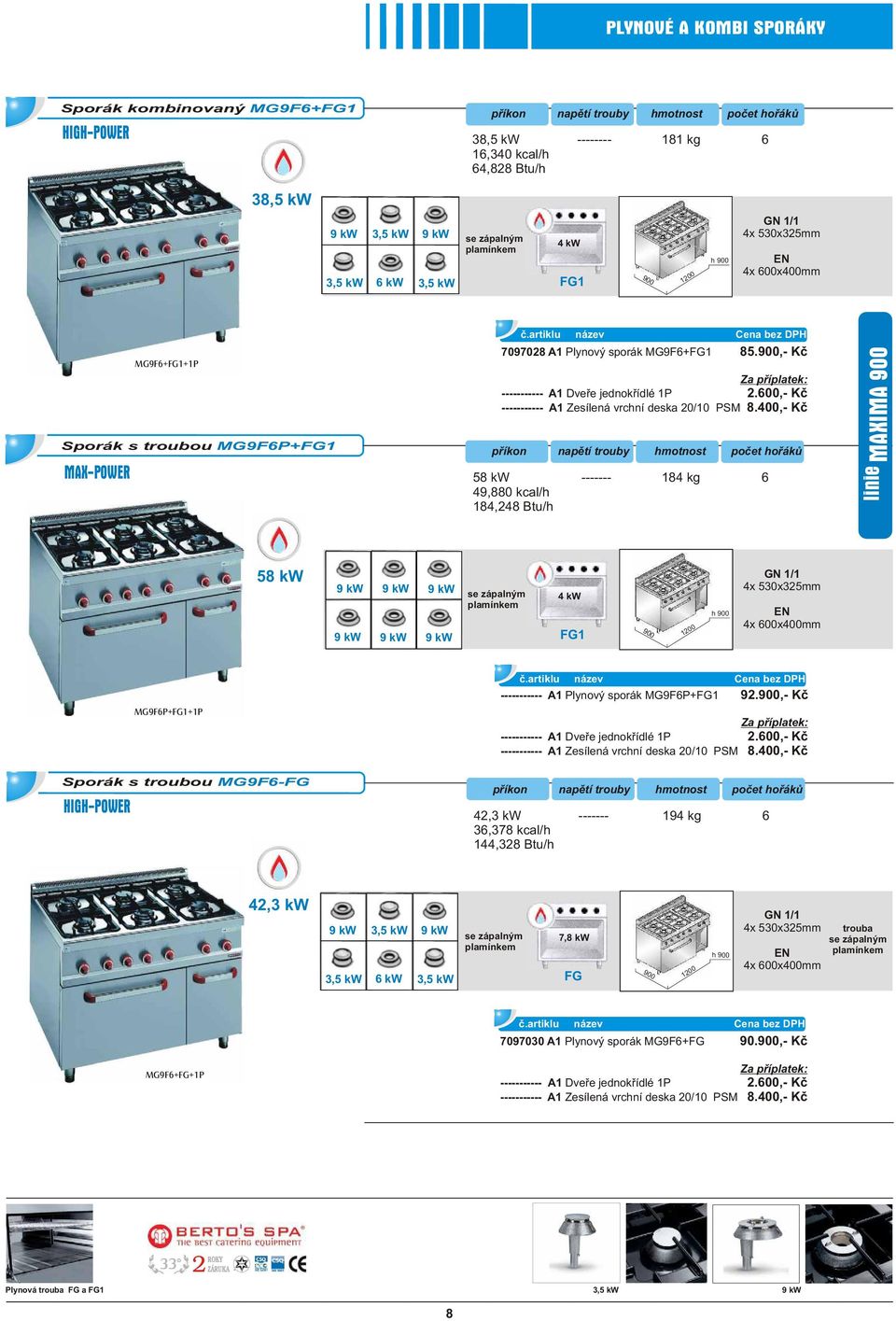 ,- Kè 58 kw ------- 184 kg 6 49,880 kcal/h 184,248 Btu/h linie MAXIMA 58 kw MG9F6P++1P ----------- A1 Plynový sporák MG9F6P+