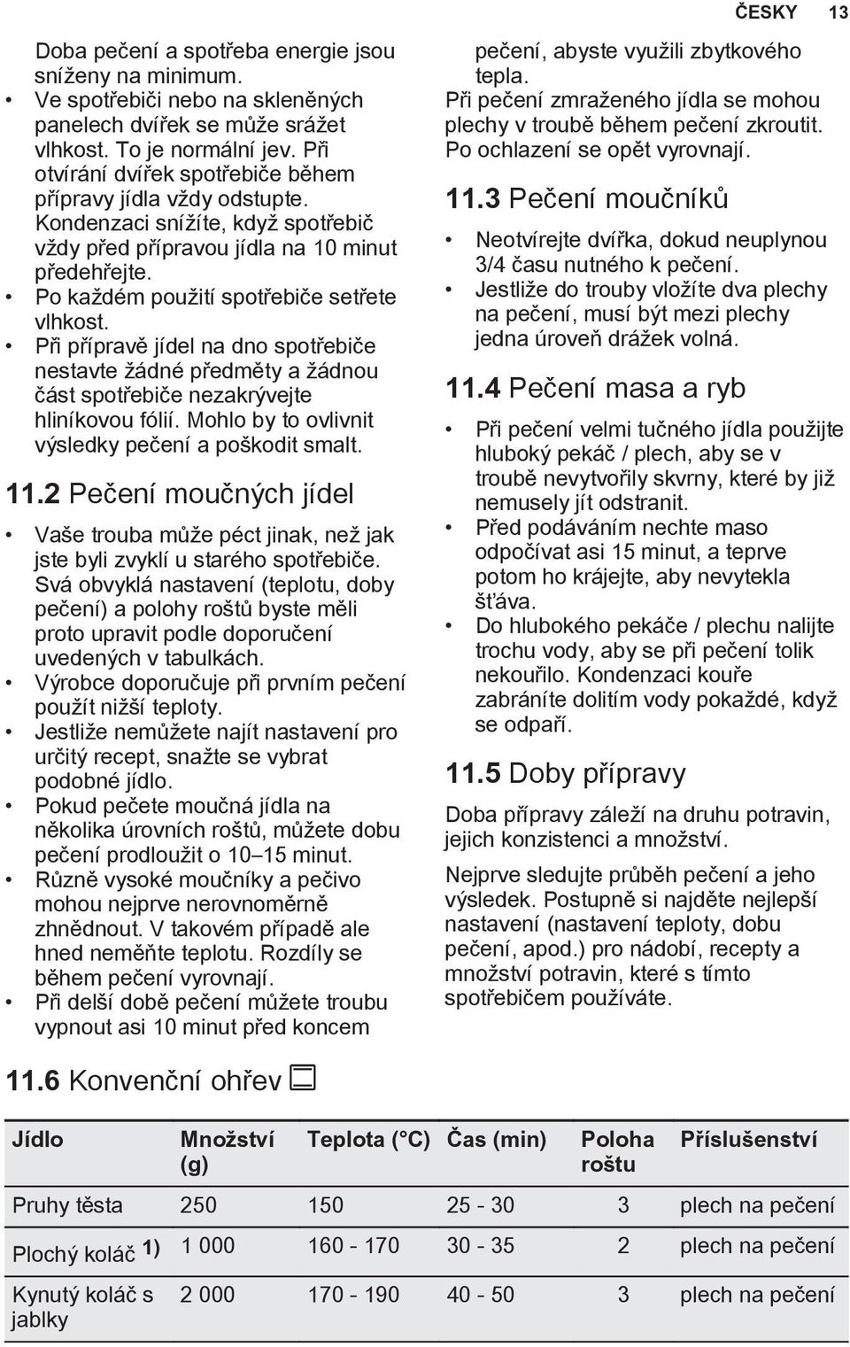 Při přípravě jídel na dno spotřebiče nestavte žádné předměty a žádnou část spotřebiče nezakrývejte hliníkovou fólií. Mohlo by to ovlivnit výsledky pečení a poškodit smalt. 11.