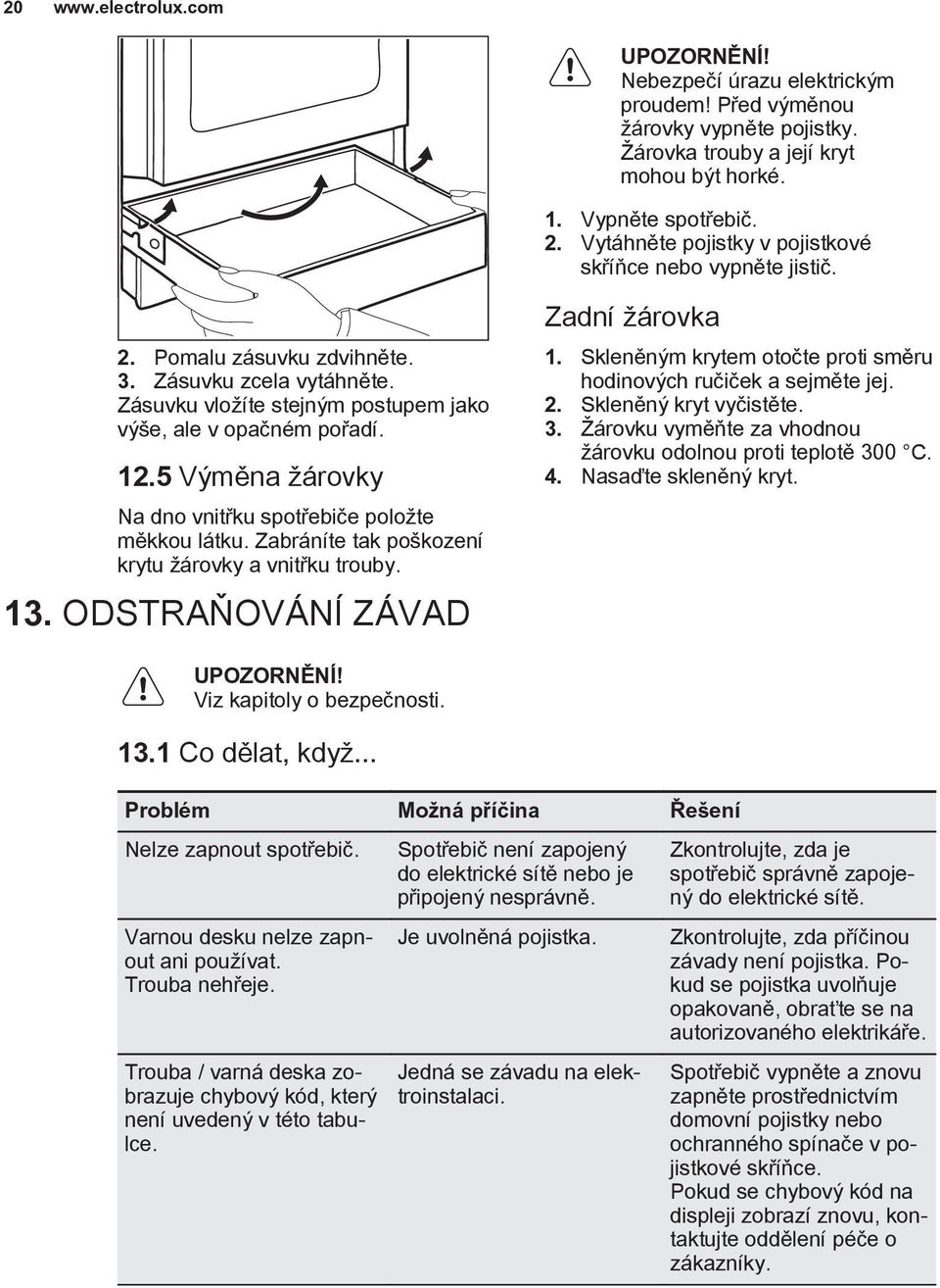 5 Výměna žárovky Na dno vnitřku spotřebiče položte měkkou látku. Zabráníte tak poškození krytu žárovky a vnitřku trouby. 13. ODSTRAŇOVÁNÍ ZÁVAD Zadní žárovka 1.