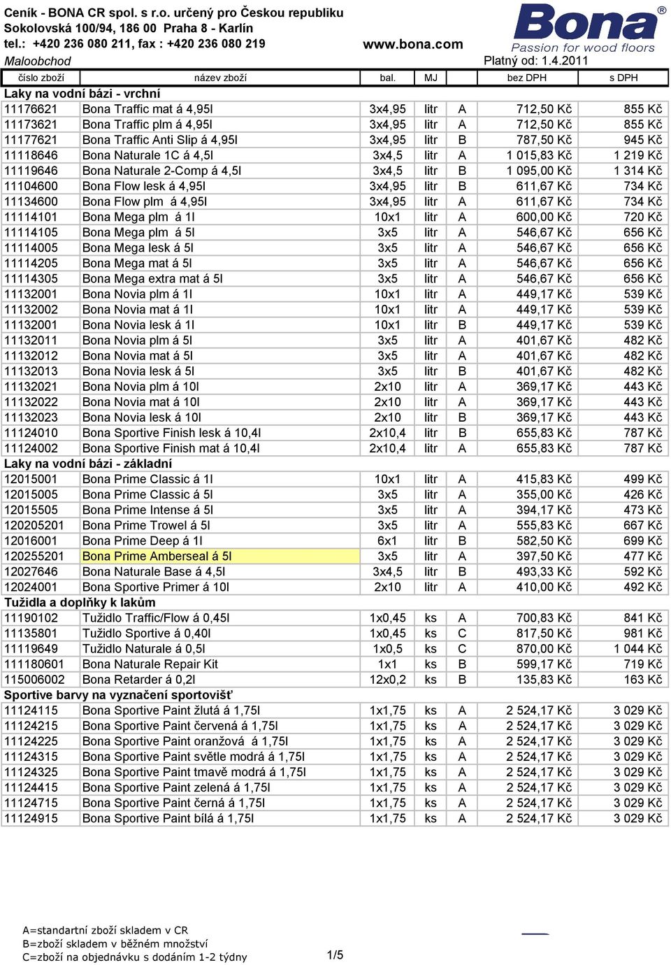 4,95l 3x4,95 litr B 611,67 Kč 734 Kč 11134600 Bona Flow plm á 4,95l 3x4,95 litr A 611,67 Kč 734 Kč 11114101 Bona Mega plm á 1l 10x1 litr A 600,00 Kč 720 Kč 11114105 Bona Mega plm á 5l 3x5 litr A