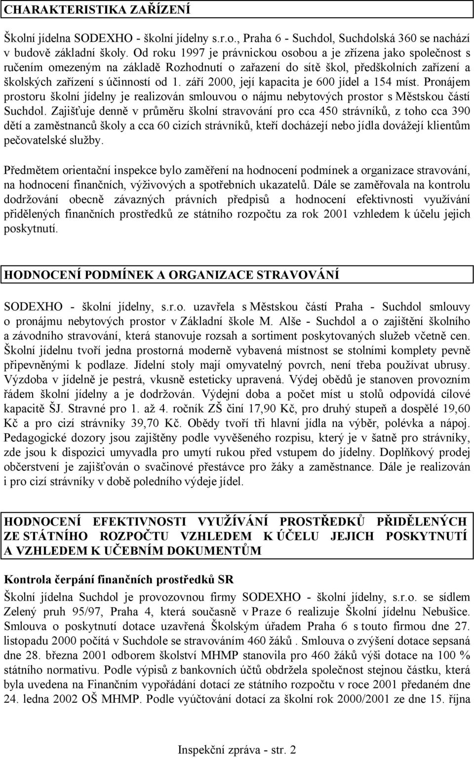 září 2000, její kapacita je 600 jídel a 154 míst. Pronájem prostoru školní jídelny je realizován smlouvou o nájmu nebytových prostor s Městskou částí Suchdol.