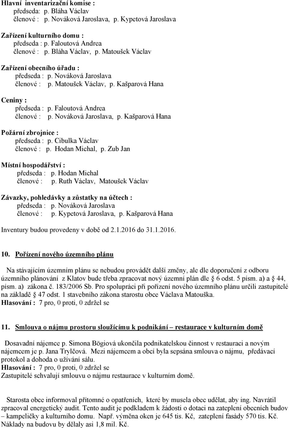 Kašparová Hana Požární zbrojnice : předseda : p. Cibulka Václav členové : p. Hodan Michal, p. Zub Jan Místní hospodářství : předseda : p. Hodan Michal členové : p.