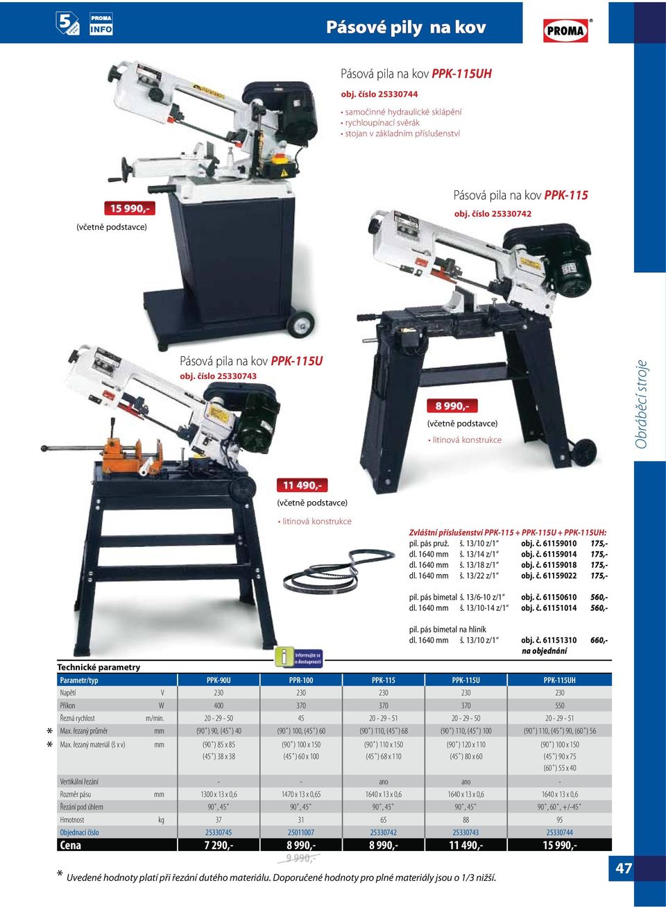 pás bimetal š. 13/6-10 z/1 obj. č. 61150610 560,- dl. 1640 mm š. 13/10-14 z/1 obj. č. 61151014 560,- * * Parametr/typ PPK-90U PPR-100 PPK-115 PPK-115U PPK-115UH Napětí V 230 230 230 230 230 Příkon W 400 370 370 370 550 Řezná rychlost m/min.