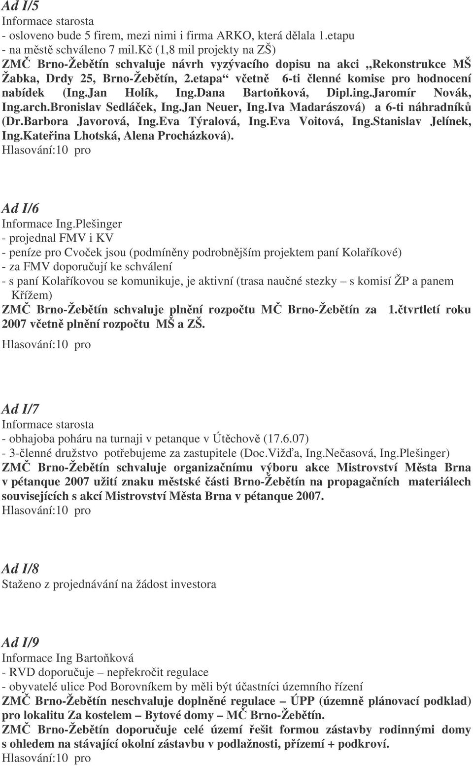 Jan Holík, Ing.Dana Bartoková, Dipl.ing.Jaromír Novák, Ing.arch.Bronislav Sedláek, Ing.Jan Neuer, Ing.Iva Madarászová) a 6-ti náhradník (Dr.Barbora Javorová, Ing.Eva Týralová, Ing.Eva Voitová, Ing.