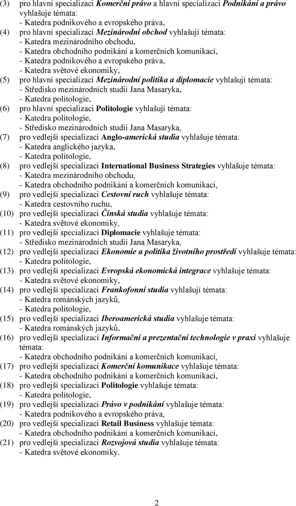 anglického jazyka, (8) pro vedlejší specializaci International Business Strategies vyhlašuje témata: (9) pro vedlejší specializaci Cestovní ruch vyhlašuje témata: (10) pro vedlejší specializaci