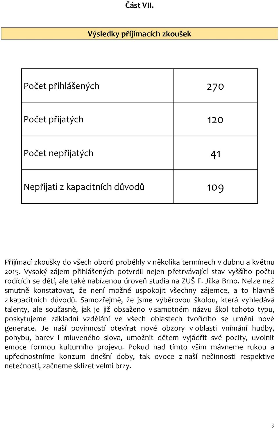 a květnu 2015. Vysoký zájem přihlášených potvrdil nejen přetrvávající stav vyššího počtu rodících se dětí, ale také nabízenou úroveň studia na ZUŠ F. Jílka Brno.