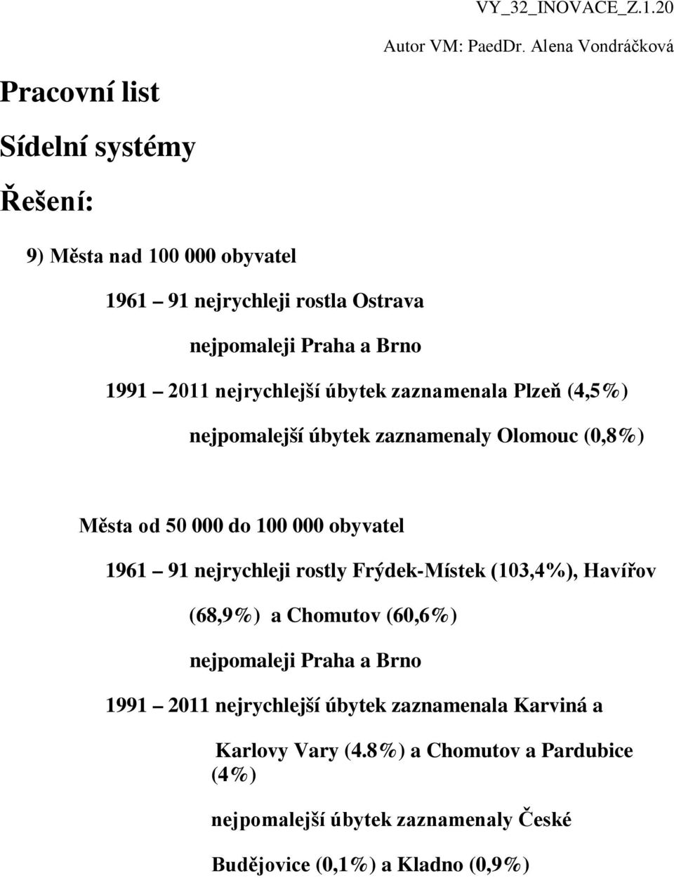 rostly Frýdek-Místek (103,4%), Havířov (68,9%) a Chomutov (60,6%) nejpomaleji Praha a Brno 1991 2011 nejrychlejší úbytek