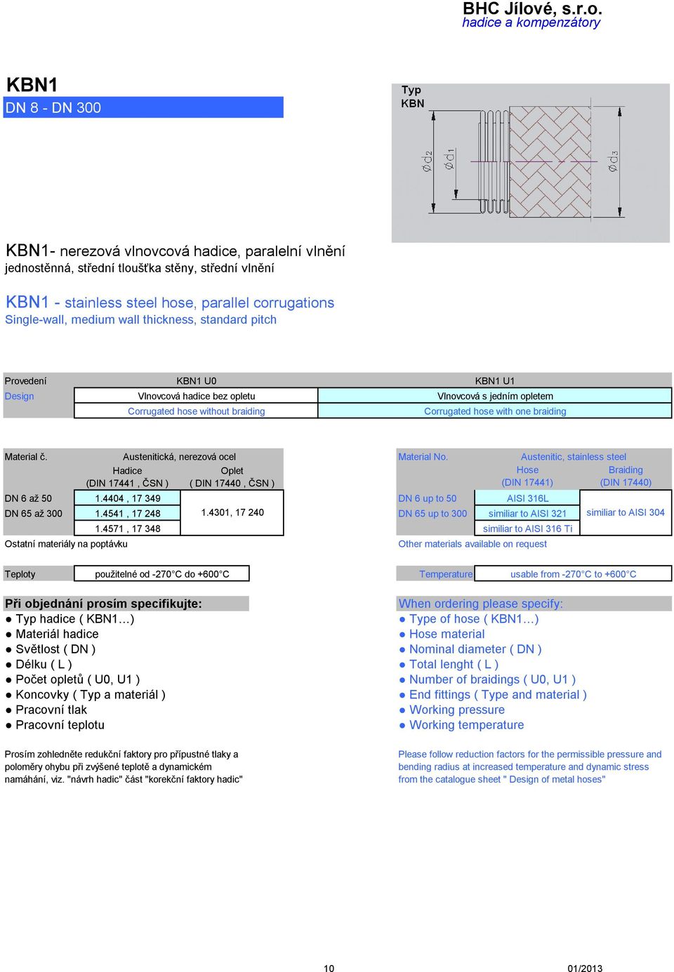 Material č. Material No. Hose (DIN 17441) Braiding (DIN 17440) DN 6 až 50 1.4404, 17 349 DN 6 up to 50 AISI 316L DN 65 až 300 1.4541, 17 248 1.