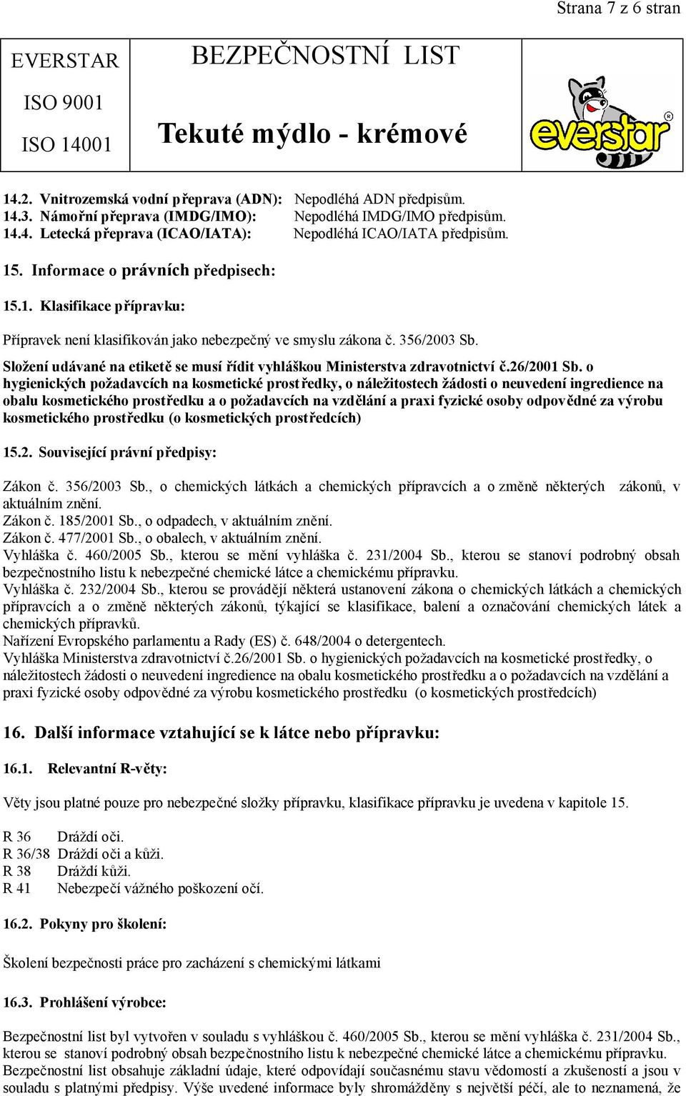 Složení udávané na etiketě se musí řídit vyhláškou Ministerstva zdravotnictví č.26/2001 Sb.