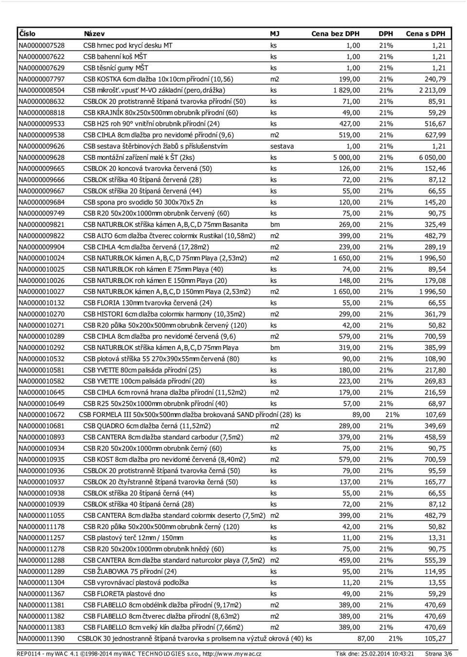 vpusť M-VO základní (pero,drážka) ks 1 829,00 21% 2 213,09 NA0000008632 CSBLOK 20 protistranně štípaná tvarovka přírodní (50) ks 71,00 21% 85,91 NA0000008818 CSB KRAJNÍK 80x250x500mm obrubník