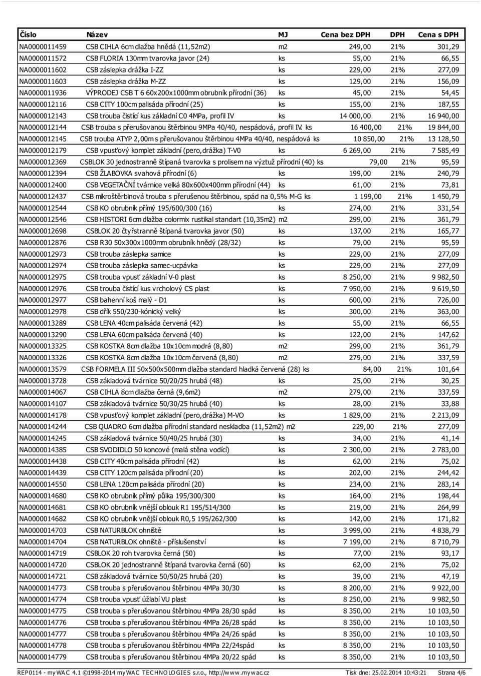 155,00 21% 187,55 NA0000012143 CSB trouba čistící kus základní C0 4MPa, profil IV ks 14 000,00 21% 16 940,00 NA0000012144 CSB trouba s přerušovanou štěrbinou 9MPa 40/40, nespádová, profil IV.