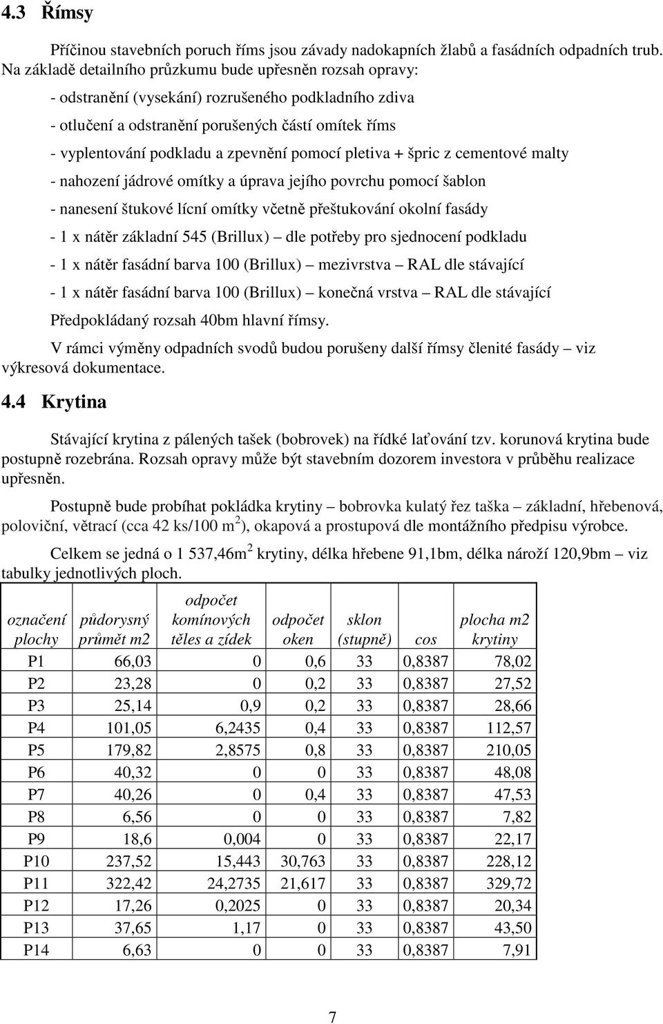 zpevnění pomocí pletiva + špric z cementové malty - nahození jádrové omítky a úprava jejího povrchu pomocí šablon - nanesení štukové lícní omítky včetně přeštukování okolní fasády - 1 x nátěr