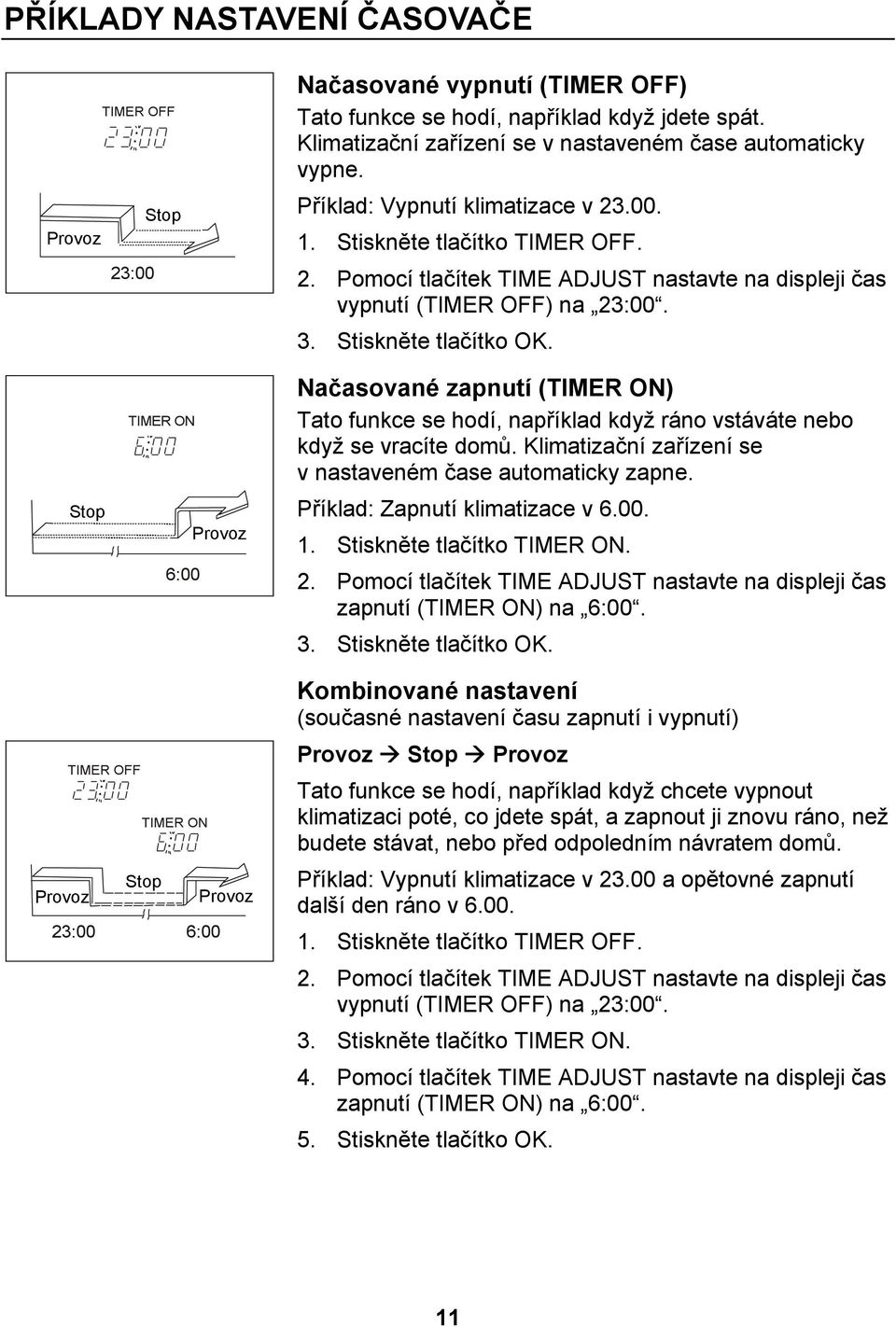 Stop TIMER ON 6:00 Provoz Načasované zapnutí (TIMER ON) Tato funkce se hodí, například když ráno vstáváte nebo když se vracíte domů. Klimatizační zařízení se v nastaveném čase automaticky zapne.