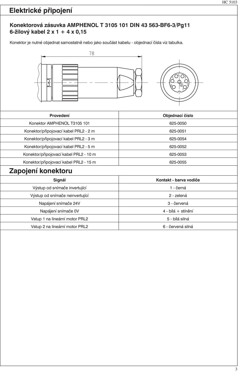 Provedení Objednací číslo Konektor AMPHENOL T3105 101 625-0050 Konektor/připojovací kabel PRL2-2 m 625-0051 Konektor/připojovací kabel PRL2-3 m 625-0054 Konektor/připojovací kabel PRL2-5 m 625-0052