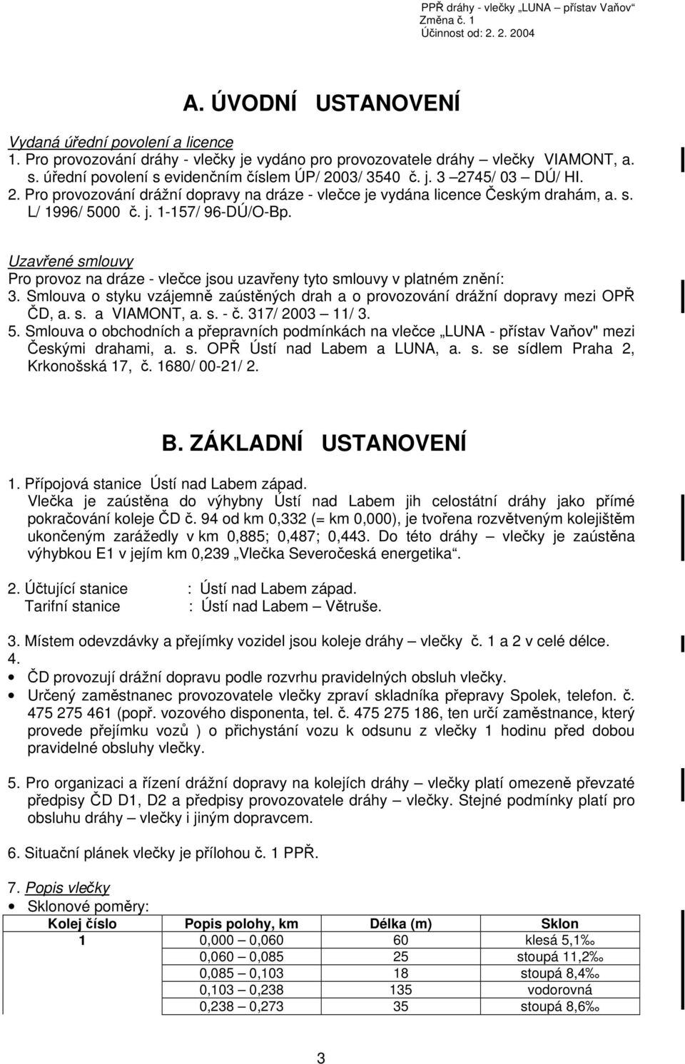 Uzavřené smlouvy Pro provoz na dráze - vlečce jsou uzavřeny tyto smlouvy v platném znění: 3. Smlouva o styku vzájemně zaústěných drah a o provozování drážní dopravy mezi OPŘ ČD, a. s. a VIAMONT, a. s. - č.