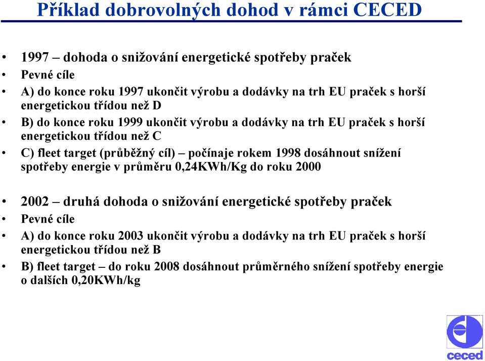 rokem 1998 dosáhnout snížení spotřeby energie v průměru 0,24KWh/Kg do roku 2000 2002 druhá dohoda o snižování energetické spotřeby praček Pevné cíle A) do konce roku 2003