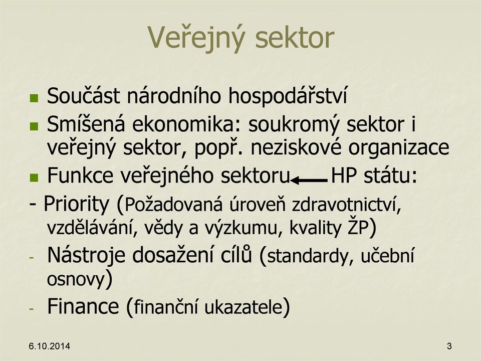 neziskové organizace Funkce veřejného sektoru HP státu: - Priority (Požadovaná úroveň