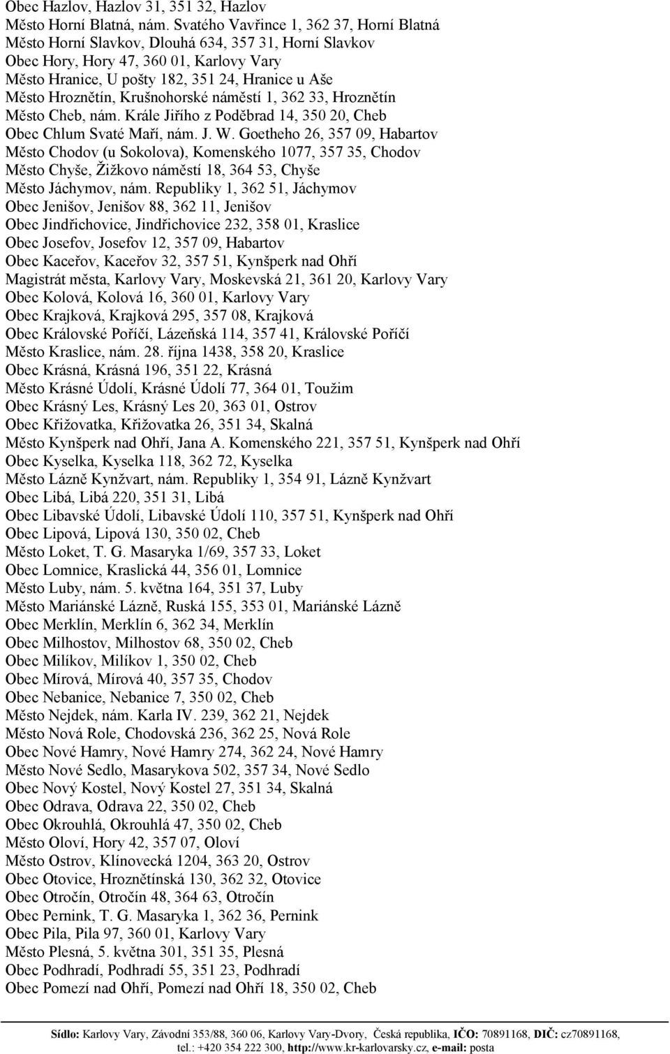 Hroznětín, Krušnohorské náměstí 1, 362 33, Hroznětín Město Cheb, nám. Krále Jiřího z Poděbrad 14, 350 20, Cheb Obec Chlum Svaté Maří, nám. J. W.
