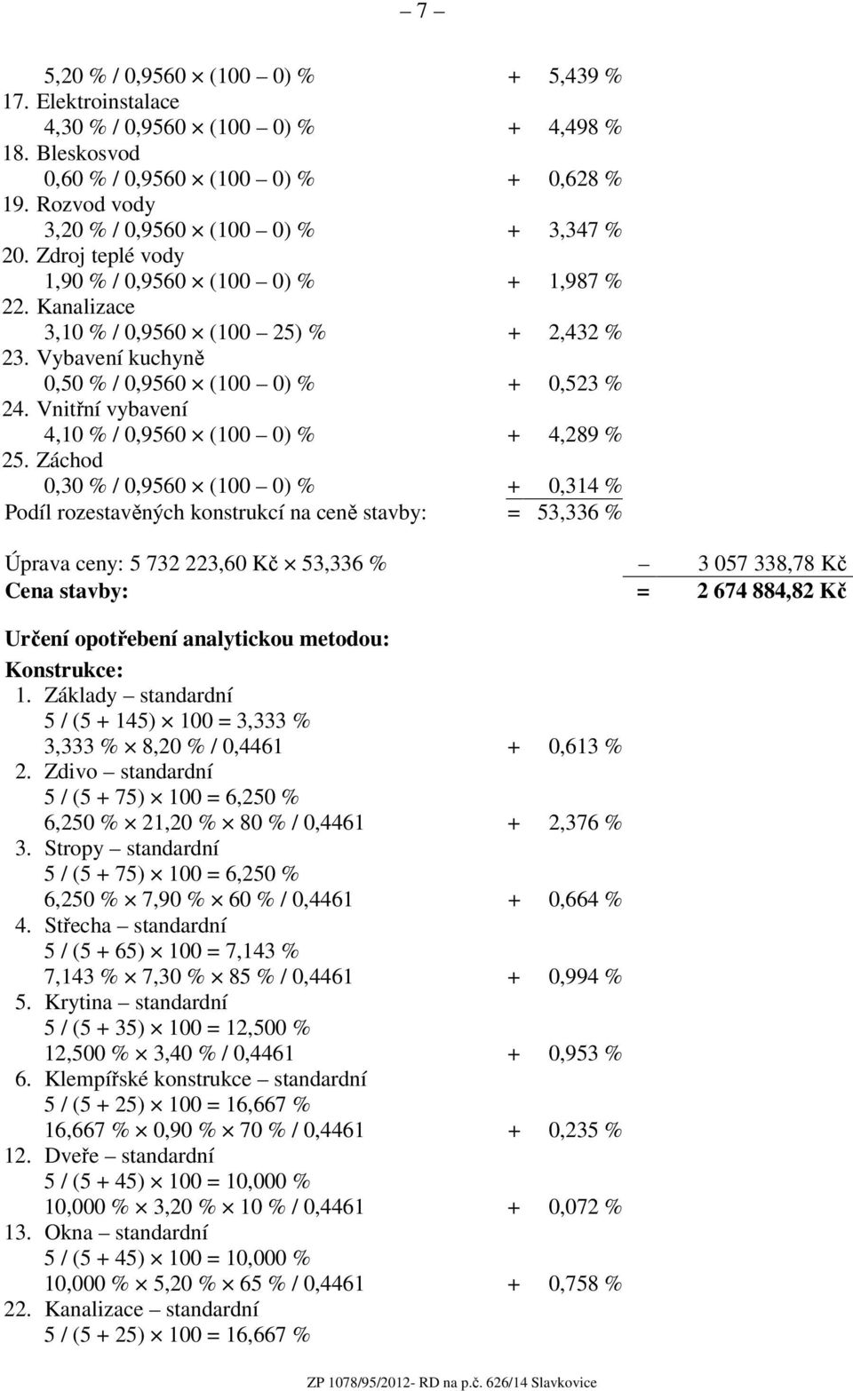 Vybavení kuchyně 0,50 % / 0,9560 (100 0) % + 0,523 % 24. Vnitřní vybavení 4,10 % / 0,9560 (100 0) % + 4,289 % 25.