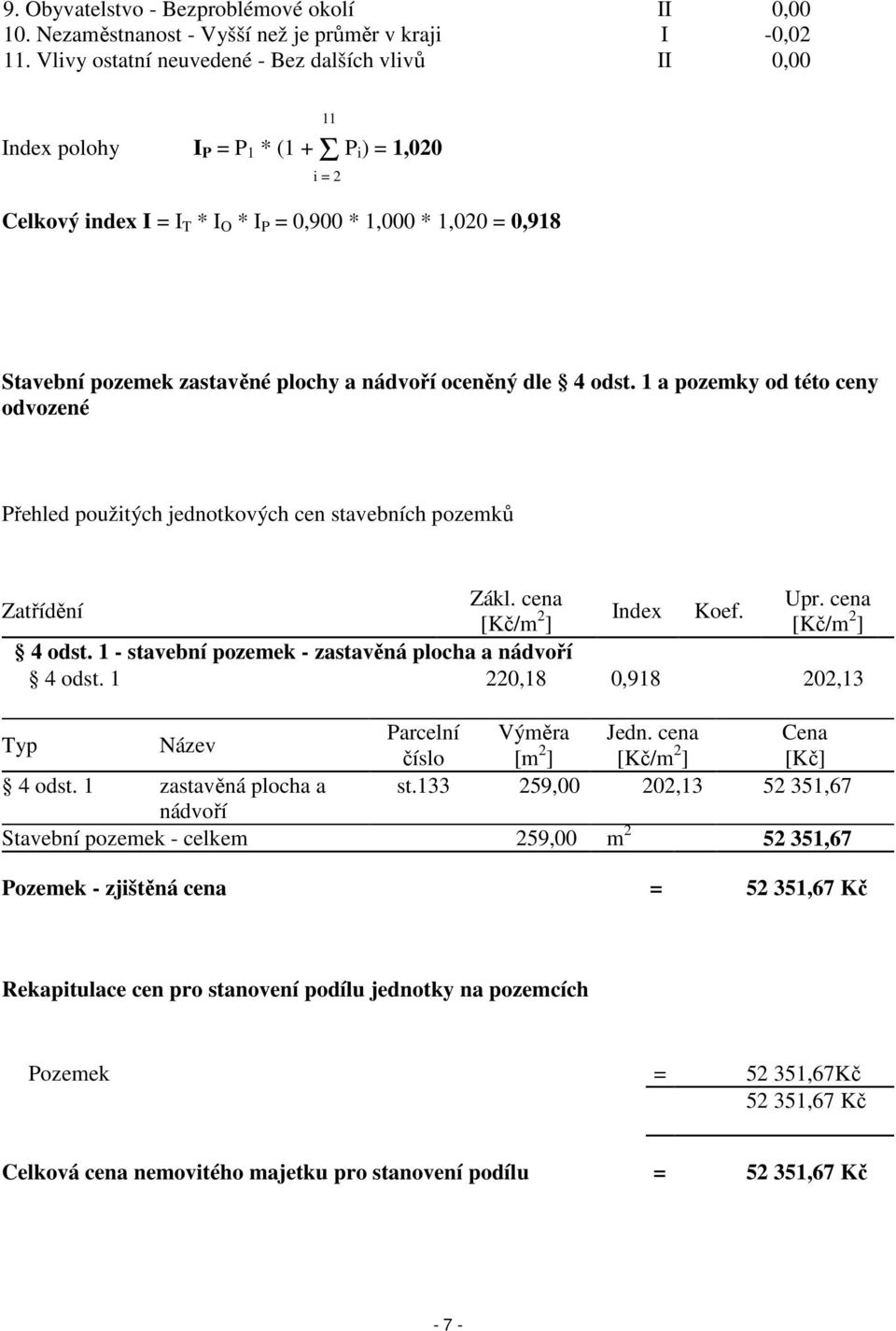 plochy a nádvoří oceněný dle 4 odst. 1 a pozemky od této ceny odvozené Přehled použitých jednotkových cen stavebních pozemků Zákl. cena Upr. cena Zatřídění [Kč/m 2 Index Koef. ] [Kč/m 2 ] 4 odst.