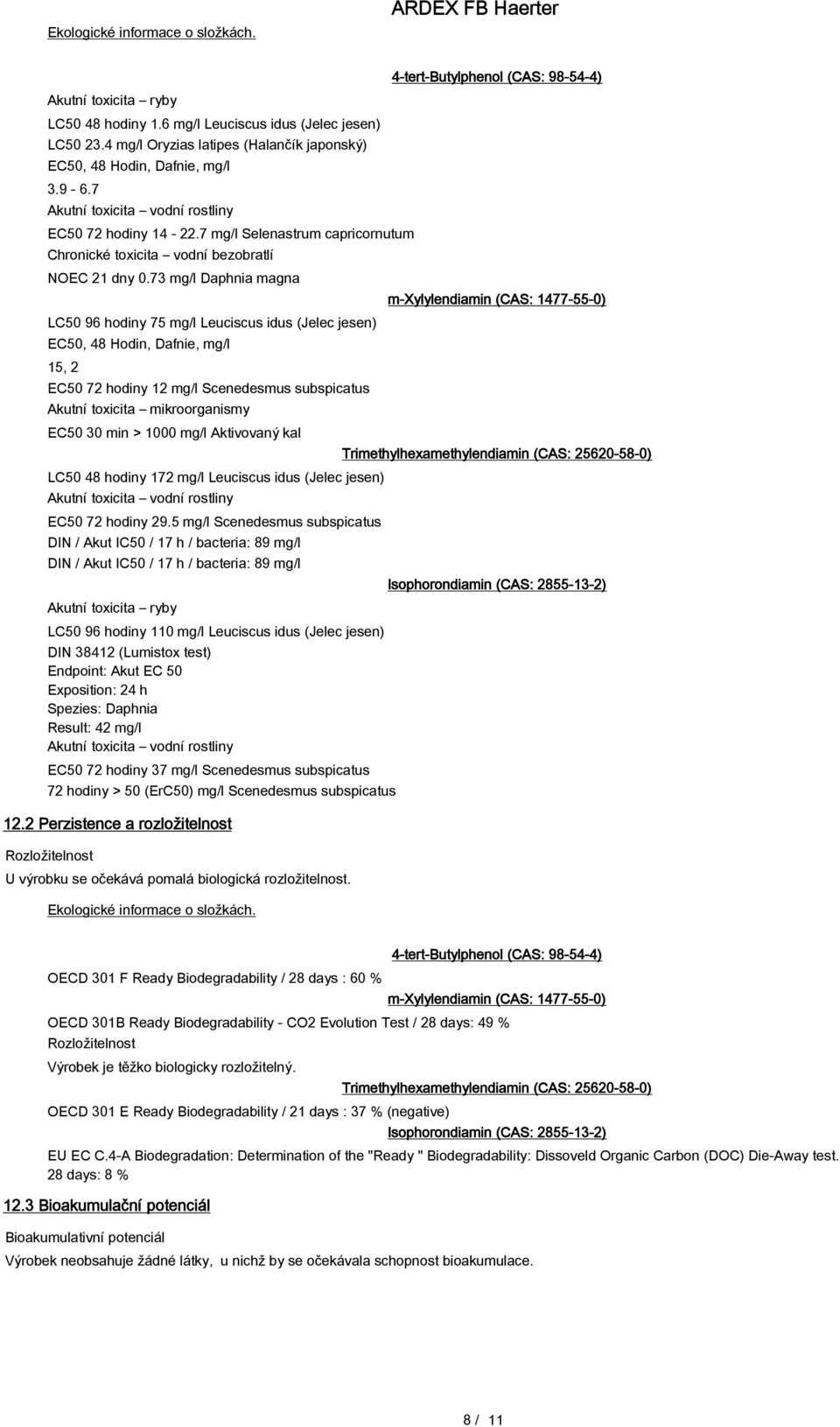 7 mg/l Selenastrum capricornutum Chronické toxicita vodní bezobratlí NOEC 21 dny 0.