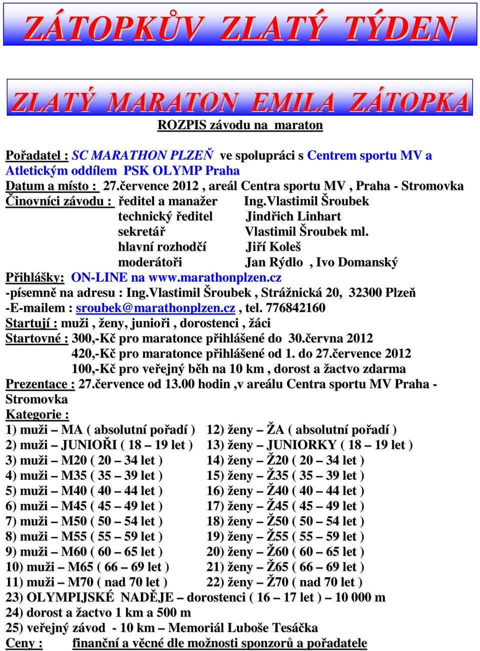 hlavní rozhodčí Jiří Koleš moderátoři Jan Rýdlo, Ivo Domanský Přihlášky: ON-LINE na www.marathonplzen.cz -písemně na adresu : Ing.