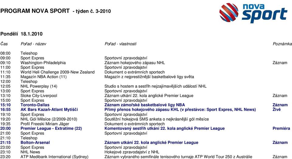 .1.2010 09:10 Washington-Philadelphia Záznam hokejového zápasu NHL Záznam 11:10 World Heli Challenge 2009-New Zealand Dokument o extrémních sportech 11:35 Magazín NBA Action (11) Magazín z