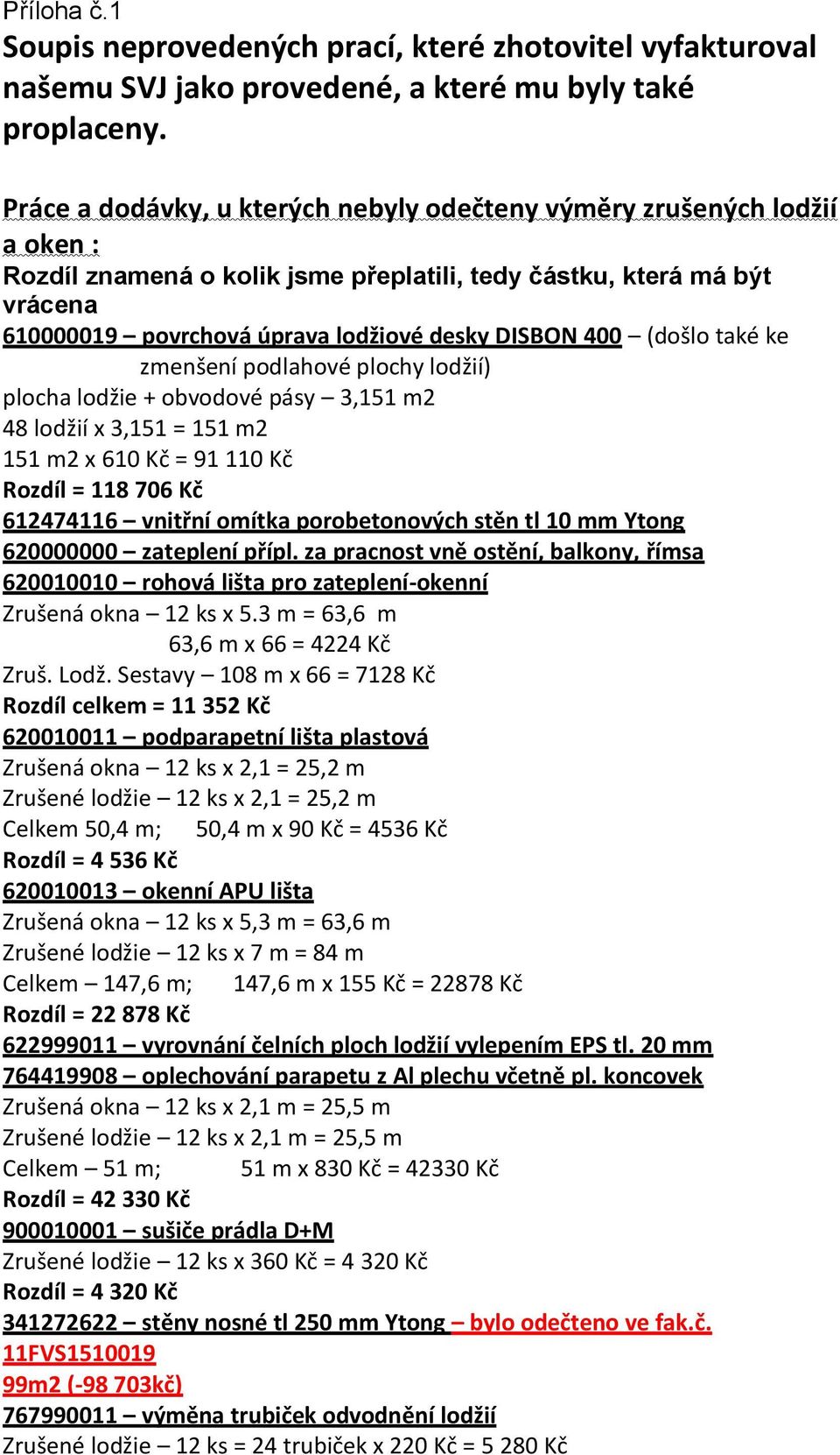 400 (došlo také ke zmenšení podlahové plochy lodžií) plocha lodžie + obvodové pásy 3,151 m2 48 lodžií x 3,151 = 151 m2 151 m2 x 610 Kč = 91 110 Kč Rozdíl = 118 706 Kč 612474116 vnitřní omítka