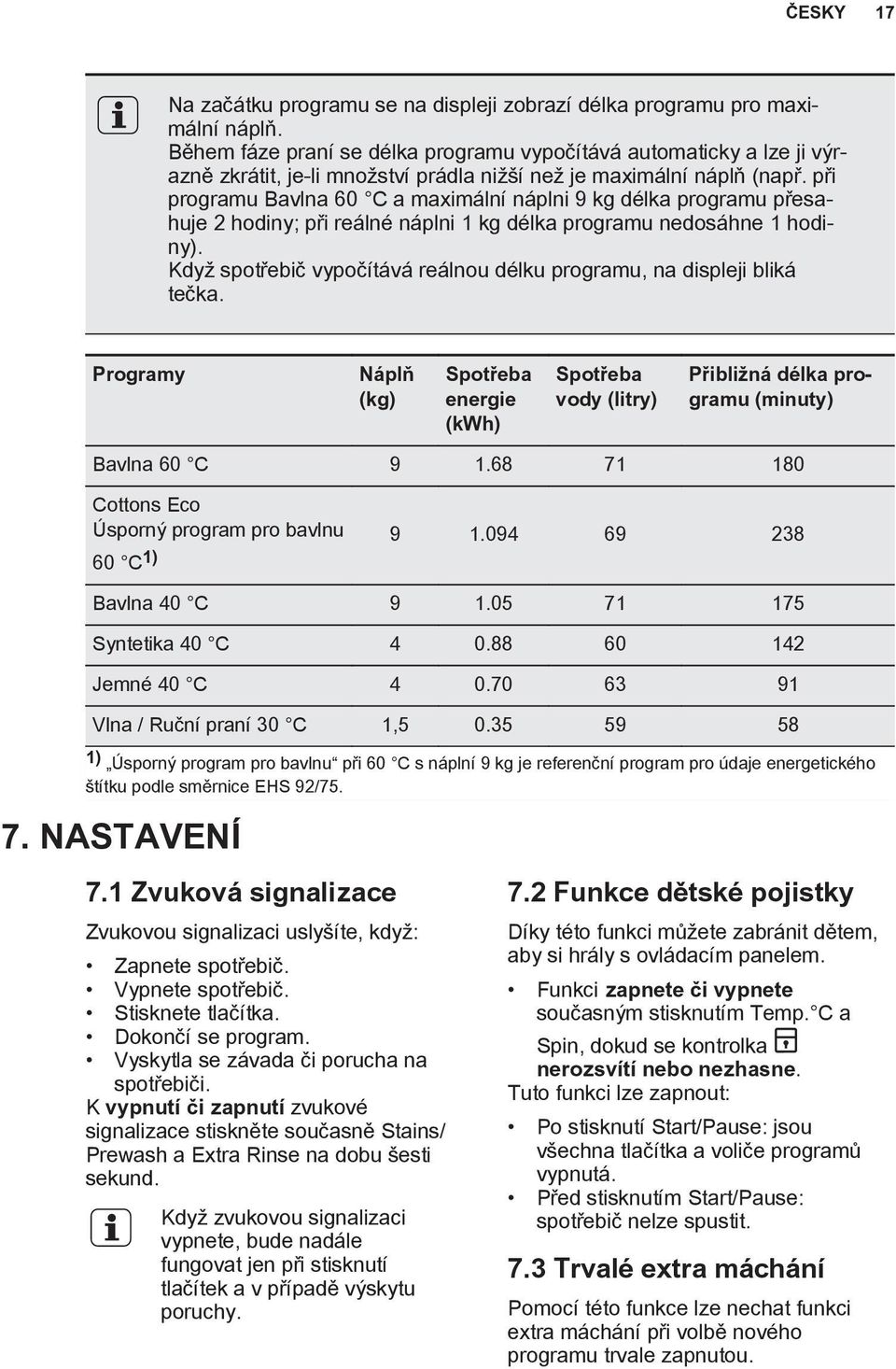 při programu Bavlna 60 C a maximální náplni 9 kg délka programu přesahuje 2 hodiny; při reálné náplni 1 kg délka programu nedosáhne 1 hodiny).