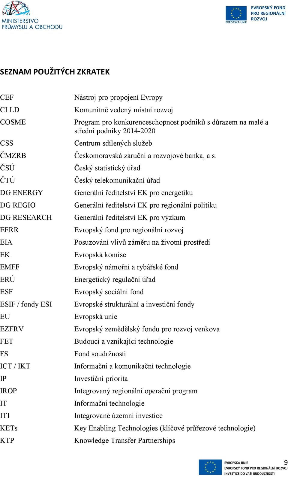 a.s. Český statistický úřad Český telekomunikační úřad Generální ředitelství EK pro energetiku Generální ředitelství EK pro regionální politiku Generální ředitelství EK pro výzkum Evropský fond pro