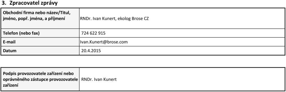 Ivan Kunert, ekolog Brose CZ Telefon (nebo fax) 724 622 915 E-mail Ivan.