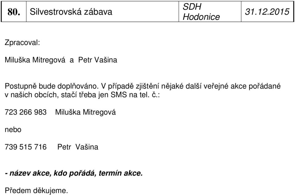 V případě zjištění nějaké další veřejné akce pořádané v našich obcích, stačí